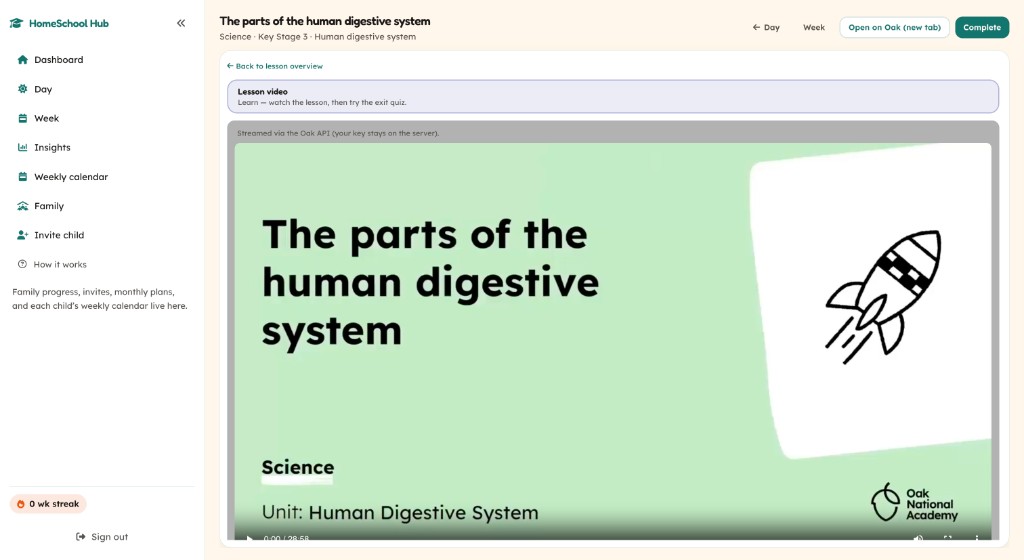 Oak National Academy lesson video for The parts of the human digestive system, playing inside HomeSchool Hub