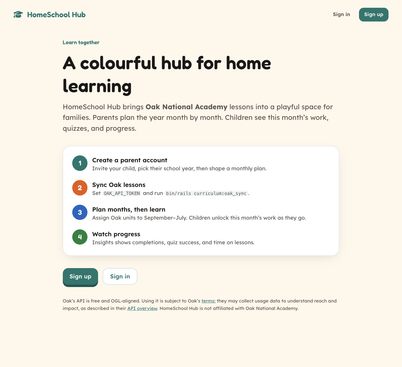 HomeSchool Hub landing page: plan the year, sync Oak lessons, and watch progress