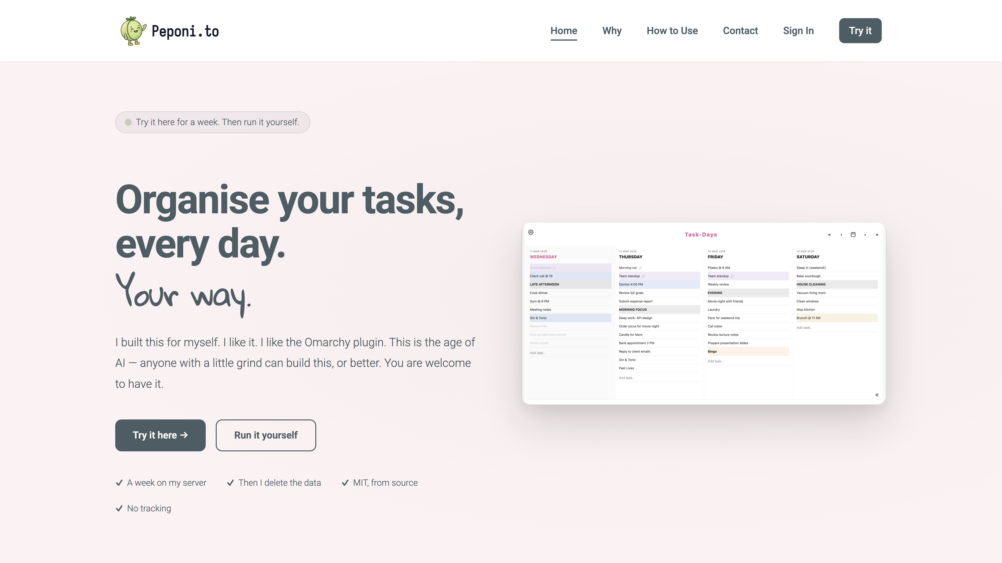 Peponi.to landing page — Organise your tasks, every day