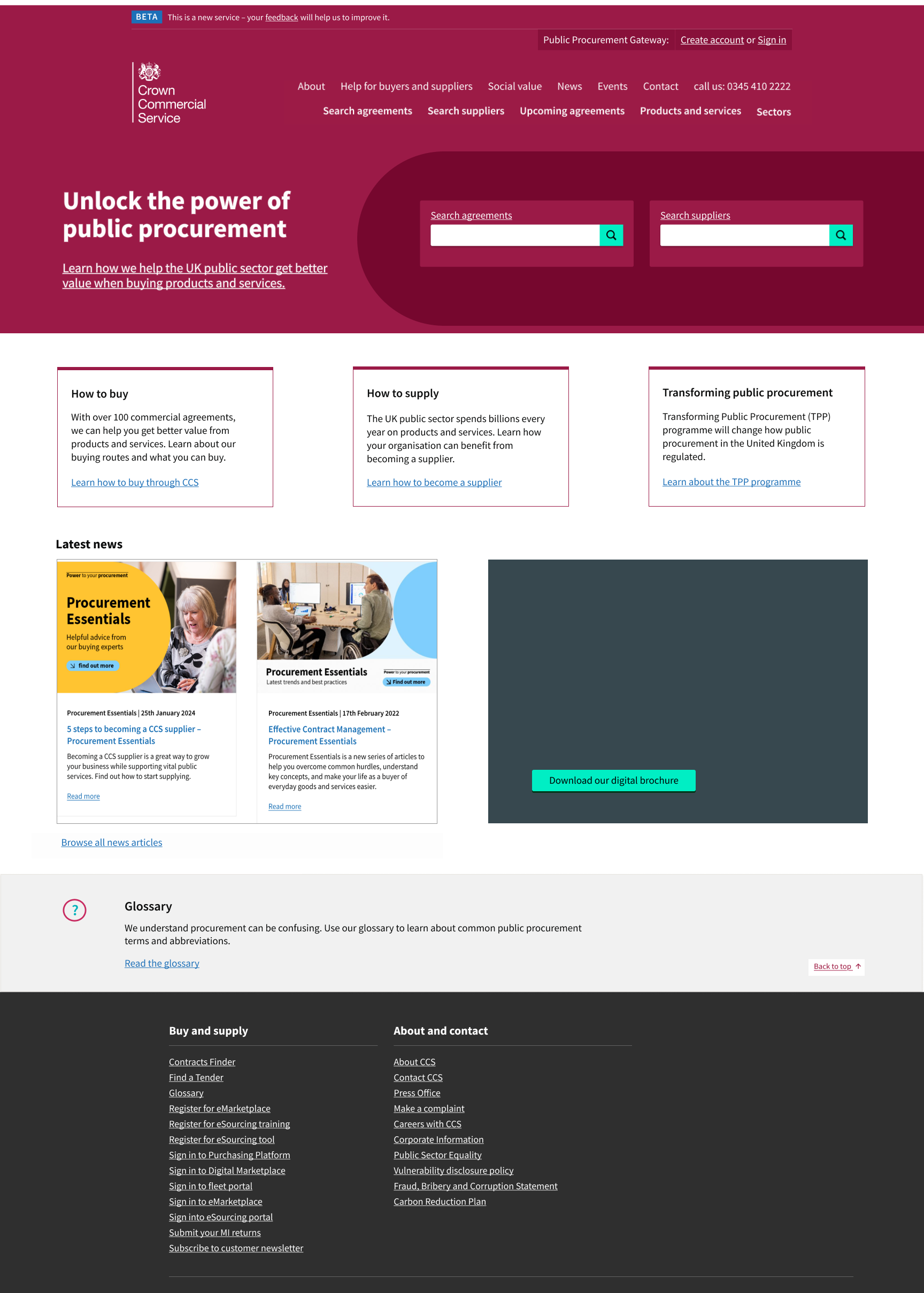 CCS website before redesign: burgundy header and a dark two-column footer