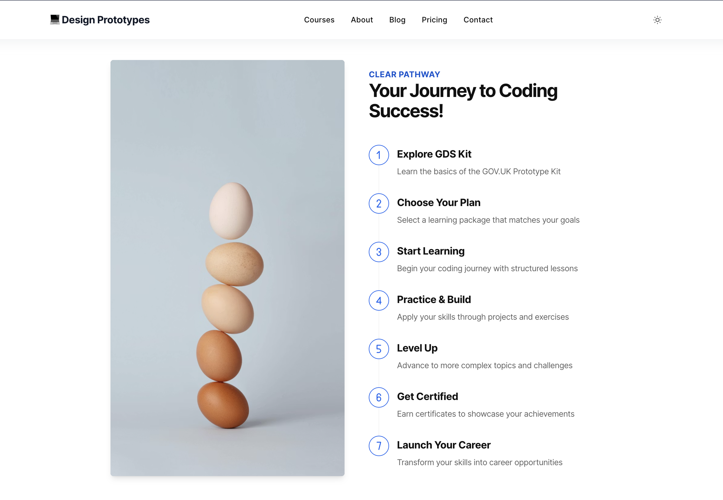 Design Prototypes journey page, from exploring the GDS kit through to certification