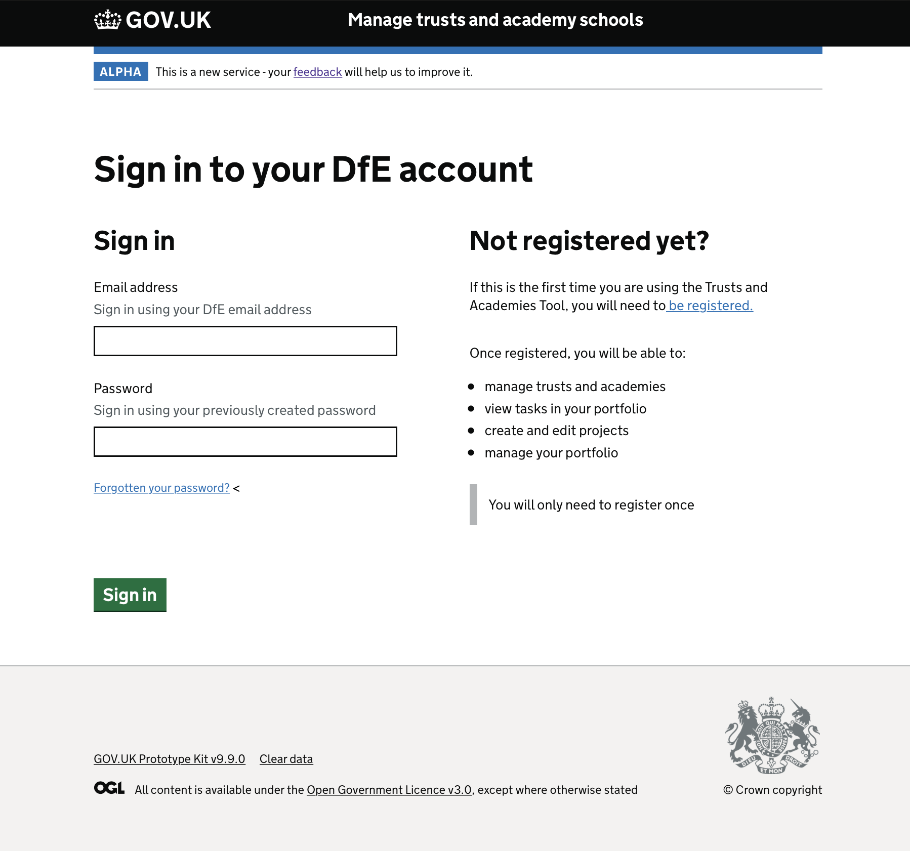 Sign in page